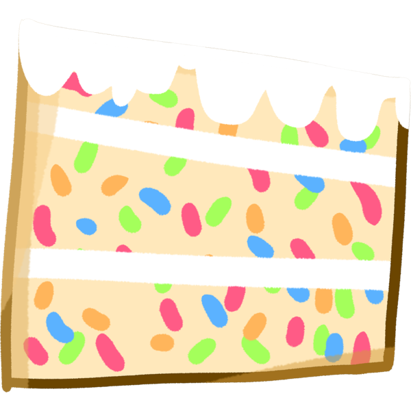 A slice of light yellow cake with rainbow sprinkles in it. There are three layers, each have a white frosting layer between them. It has white frosting dripping on top.